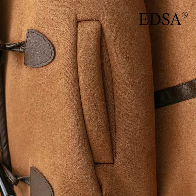 EDSA Women Hooded Faux Fur Jacket Coat Loose Button Lamb Wool Full Sleeve Jacket 2025 Autumn Winter Warm Thicken OutwearT251201