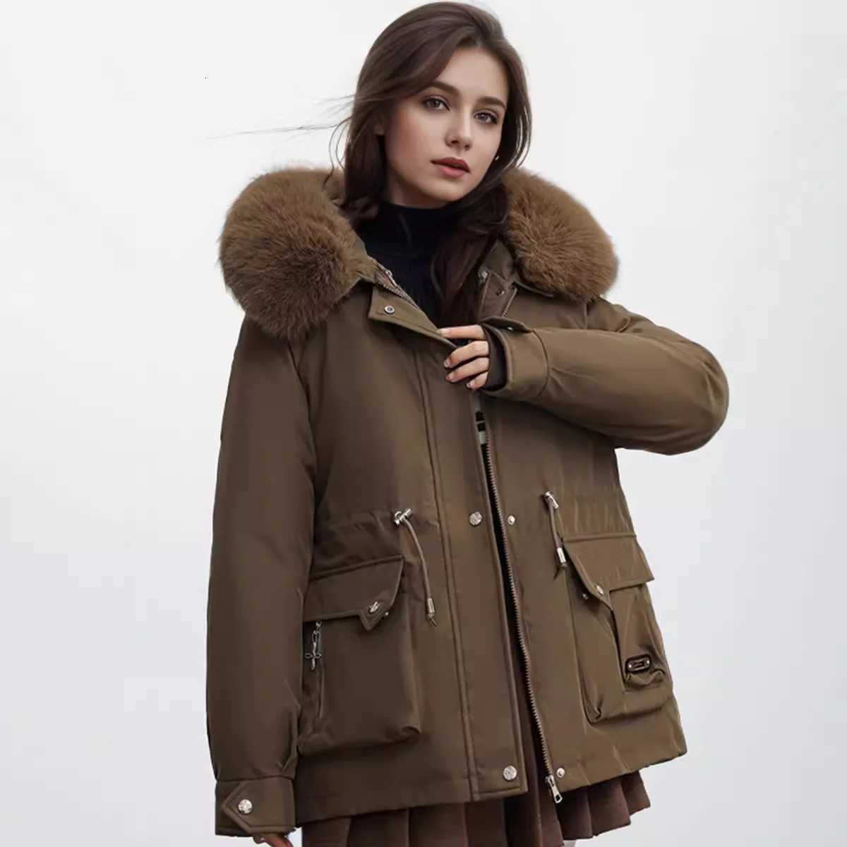 2025 Winter Womens Jacket Fur Collar Thicken Warm Casual Cotton Jacket Female 2 Pocket Drawstring Waist Cinching Parka JacketT251201