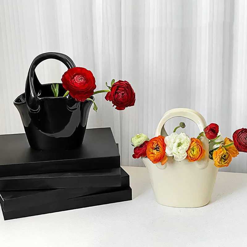 Ceramic Vase Handbag Flower Basket Flowerpot Floral Accessories Bonsai He Decoration Terrarium Vases Pots Y251201