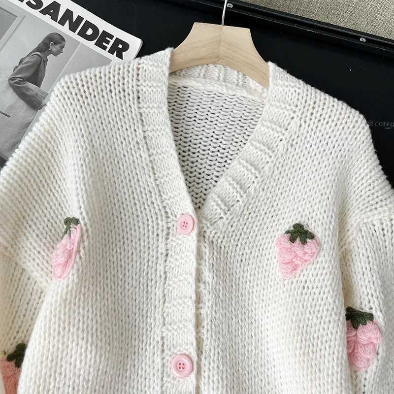 Sweet Strawberry Long Sleeve Loose Cardigans Women Spring Autumn 2026 V Neck Single Breasted Preppy Style Sweater Knitted Tops M260306