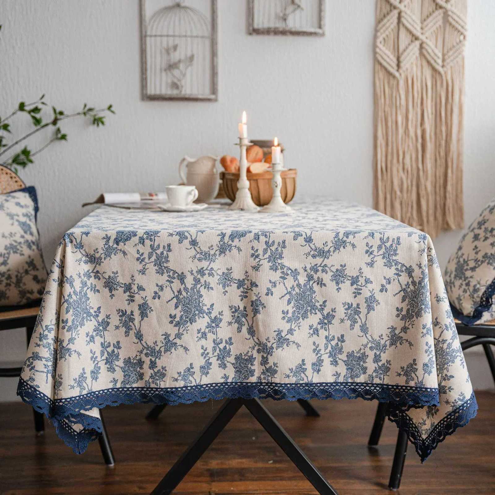 Linen Cotton Tablecloth with Lace Rectangular Dining Table Cover Tea Table Cloth Blue Rose Printing Pastoral Y251201