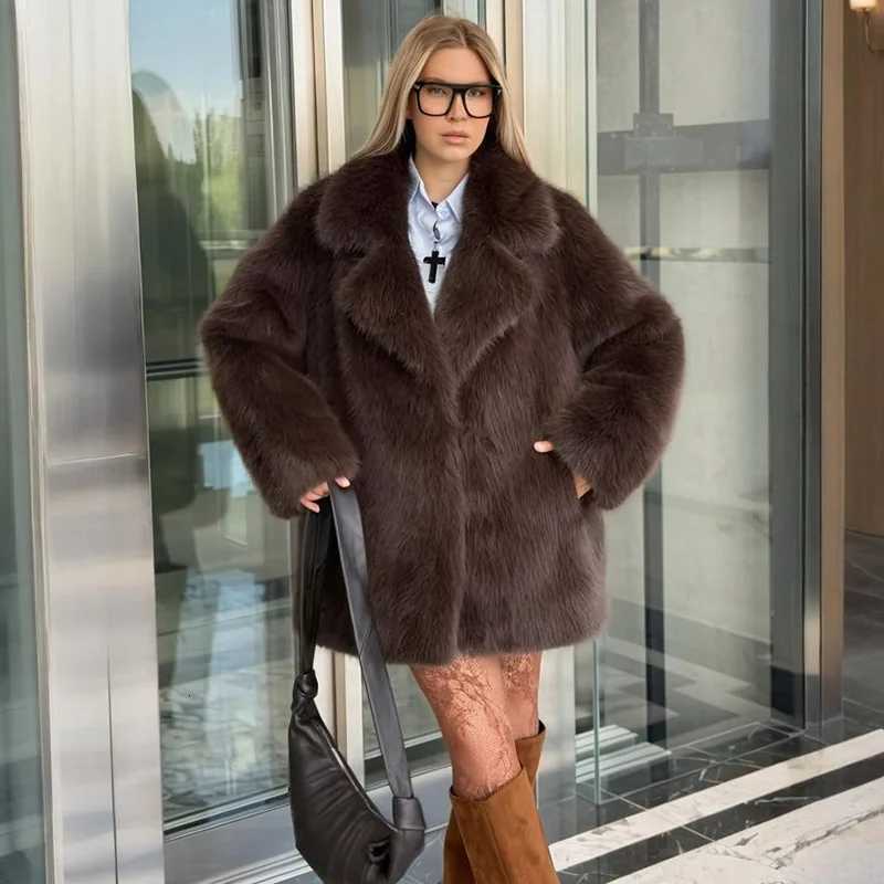 TARUXY Luxurious Faux Fur Lapel Coat Womens Elegant Solid Loose Lace-Up Leisure Jacket Winter Fashion Female Keep Warm Fur CoatT251201