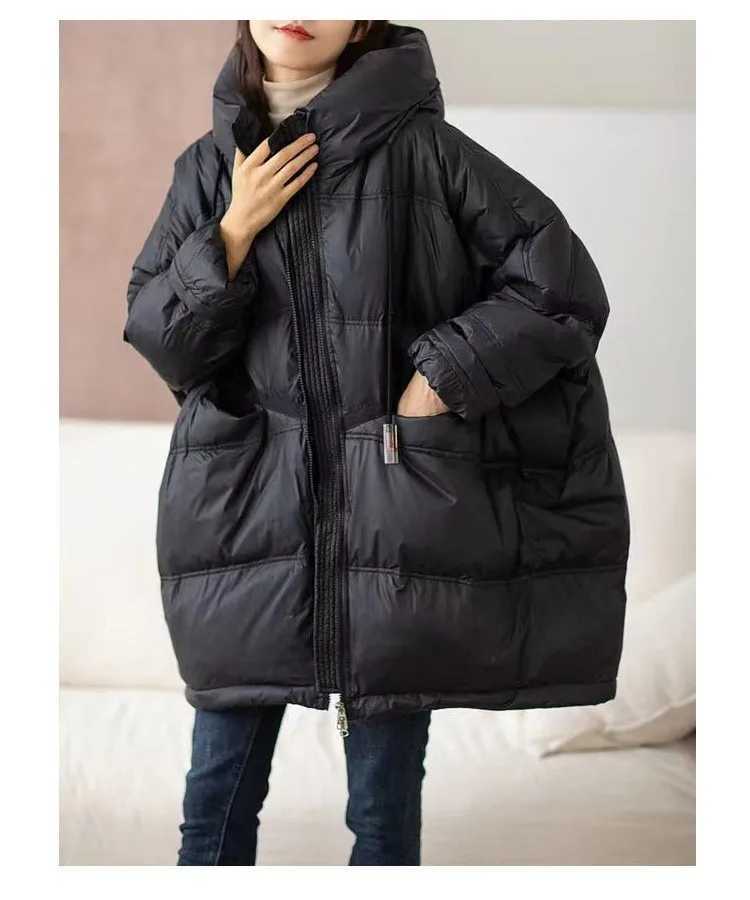 2025 New Winter Women 90 White Duck Down Jacket Casual Loose Over Size Warm Parka Female Drawstring Hooded Puffer CoatT251201