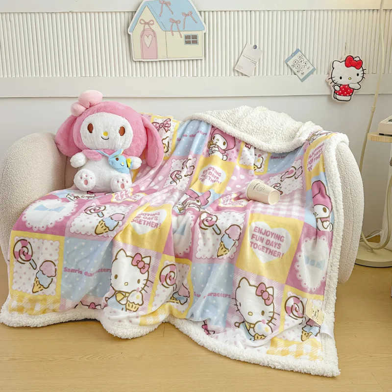 Sanrio Kawaii Kuromi Hello Kitty Autumn Winter Velvet Childrens Cartoon Cute Blanket Milk Velvet Thick Quilt Girls Gifts Toys H251201