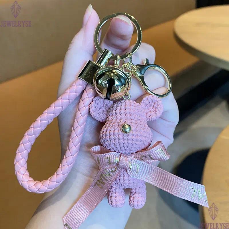 3D Animal Doll Key Chain Rings Bow Woolen Bear Bell Braided Woven Car Keychains Holder Gold Metal Handbag Backpack Pendant Keyrings Gifts Bag Charms A