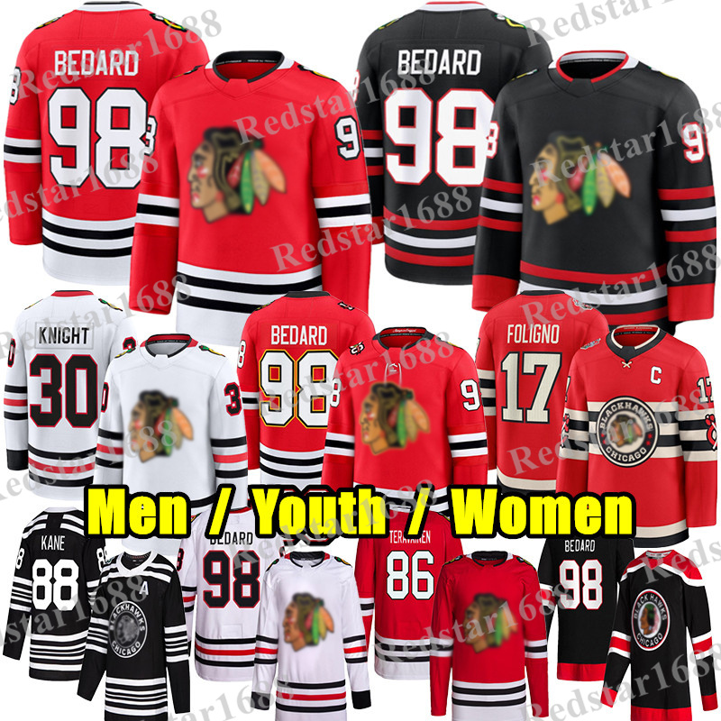 #98 ConnorS Bedard chicago hockey jersey blackhawksS jersey #55 Artyom Levshunov Frank Nazar Alex Vlasic Nick Foligno Murphy Spencer Knight Jason Dickinson jerseys