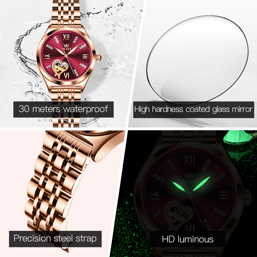 OLEVS Designer Classic Temperament Women's Watch Luxury Stainless Steel Waterproof Mechanical Watch Heart-shaped Diamond Business Watch Free Ship