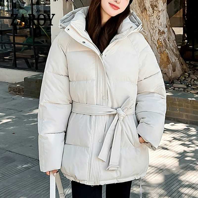 ZAROY Women Winter Hooded Coats Casual Sashes Cotton Parkas Solid Warm All-match Pocket Belted Jacket Outerwears T251201