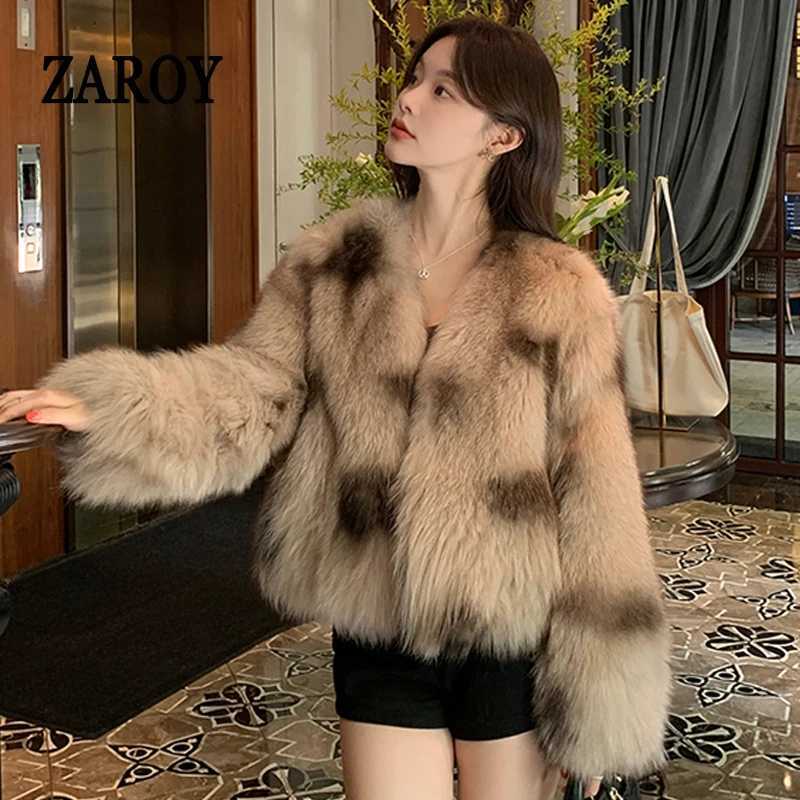 ZAROY Gradient Faux Fur Coat Winter Long Sleeve V Neck Open Stitch Thick Warm Outerwear Fluffy Artificial Fox Fur Jacket T251201
