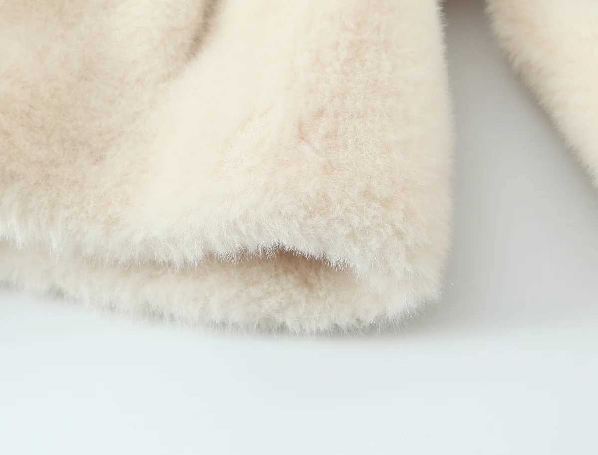 Women Fall Winter Elegant Faux Fur Belt Coat Lapel Beige Warm Fur Short Coat 2025 Fashion High Street Casual Female CoatT251201