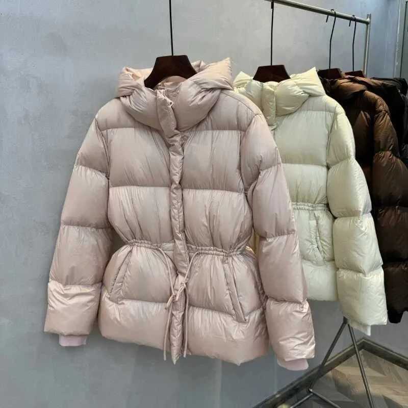 Women Down Cotton Jacket Drawstring Waist Slim Cotton Padded Jacket 2025 Winter New Warm Thicken Cotton Coat Women Hooded ParkasT251201