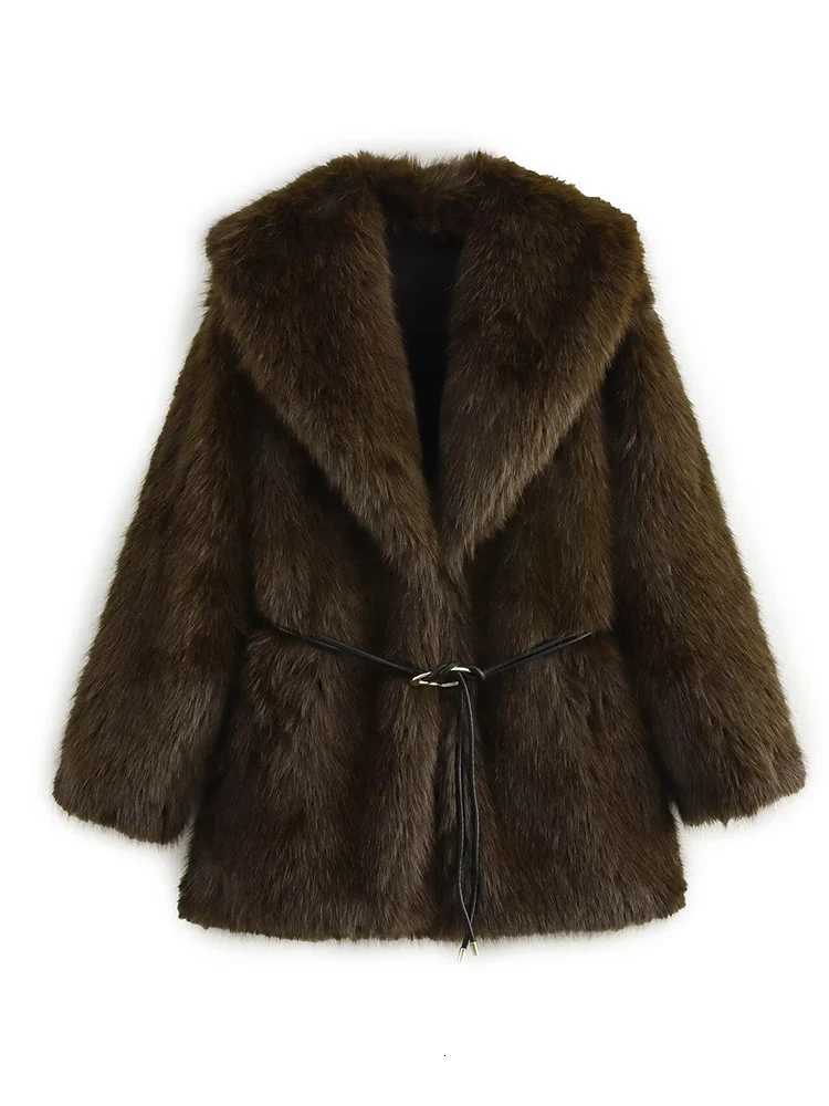 Womens Lapel Faux Fur Coat With Belt Winter Fashion Elegant Long Sleeve Thicken Warm Jackets Casual Female Street OuterwearT251201