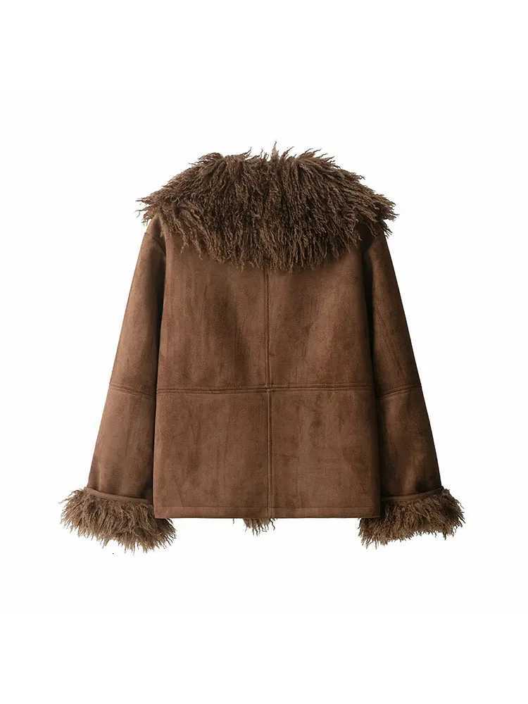 Women 2025 Autumn Winter New Solid Faux Fur Jackets Women Fashion Lapel Plush Coat Slim Elegant Patchwork Brown Short CoatsT251201