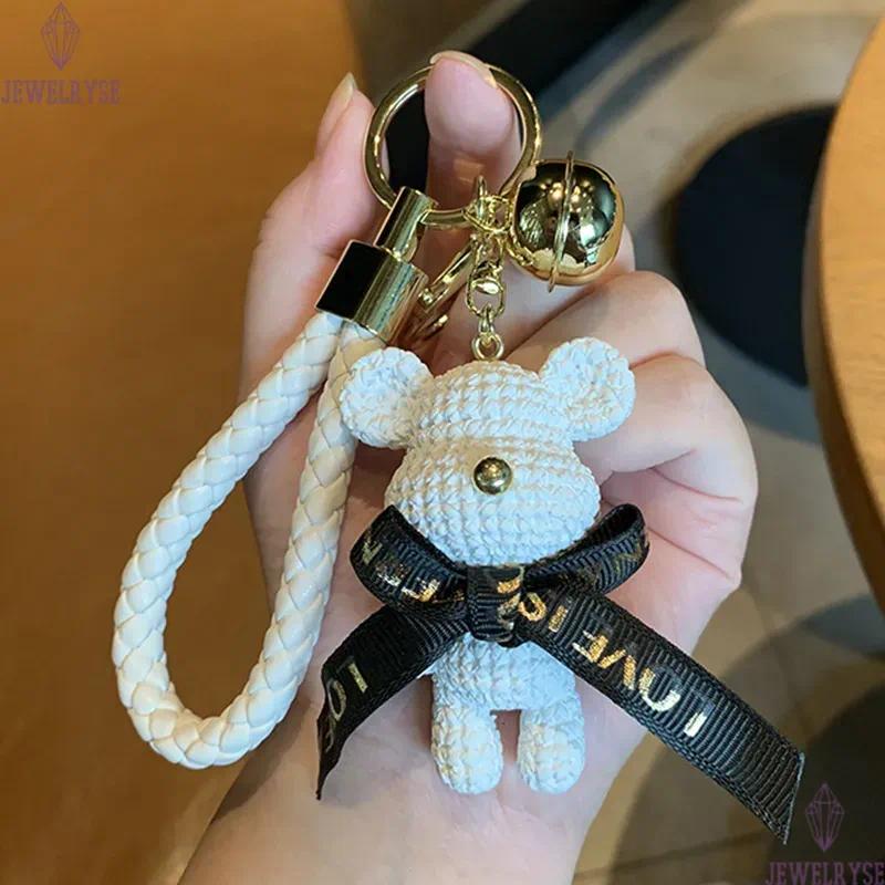 3D Animal Doll Key Chain Rings Bow Woolen Bear Bell Braided Woven Car Keychains Holder Gold Metal Handbag Backpack Pendant Keyrings Gifts Bag Charms A