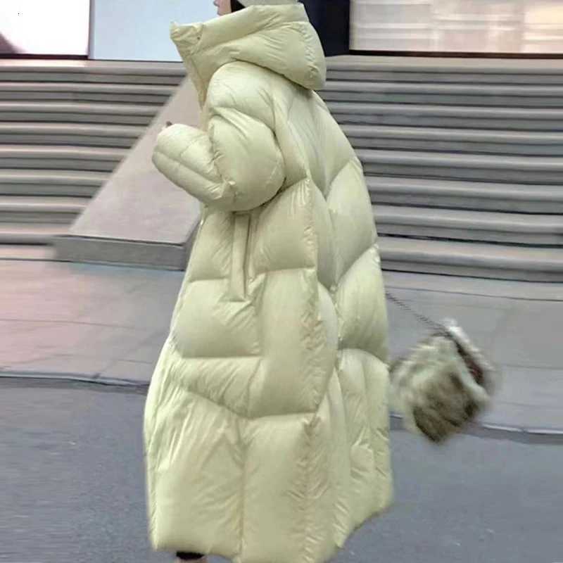 Winter Solid Long Hooded Down Jacket Female Thick Warm Outdoor Parka Outwear Women White Duck Down Loose Knee Length Down JacketT251201