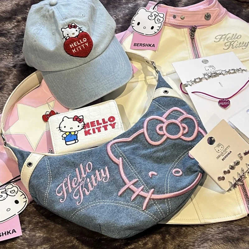 Sanrio Kawaii Hello Kitty Denim Embroidered Armpit Bag Fashion Crossbody Bag Female Cartoon Cute Portable Shoulder Bag Croissant Bag H251201 - view 5