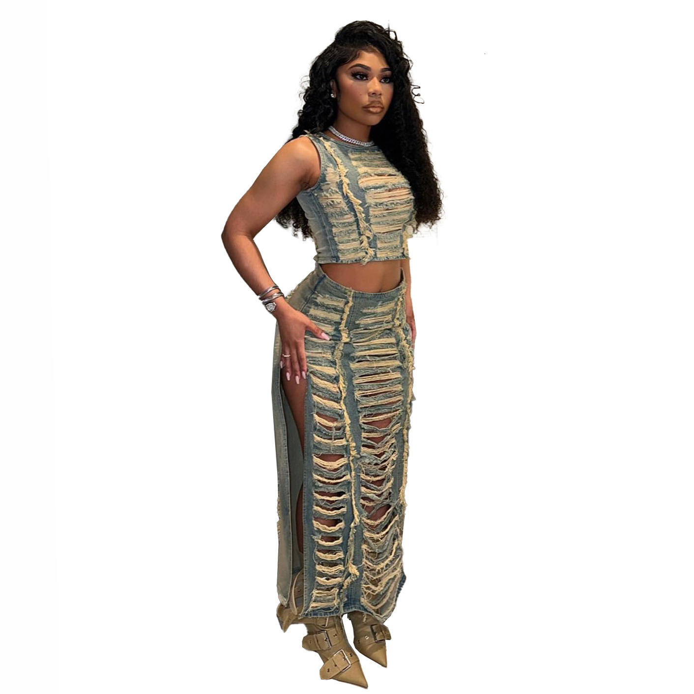2024 Womens Fashion Trend Handmade Distressed Hollow Sexy Tank Top High Slit Denim Skirt Set 250210