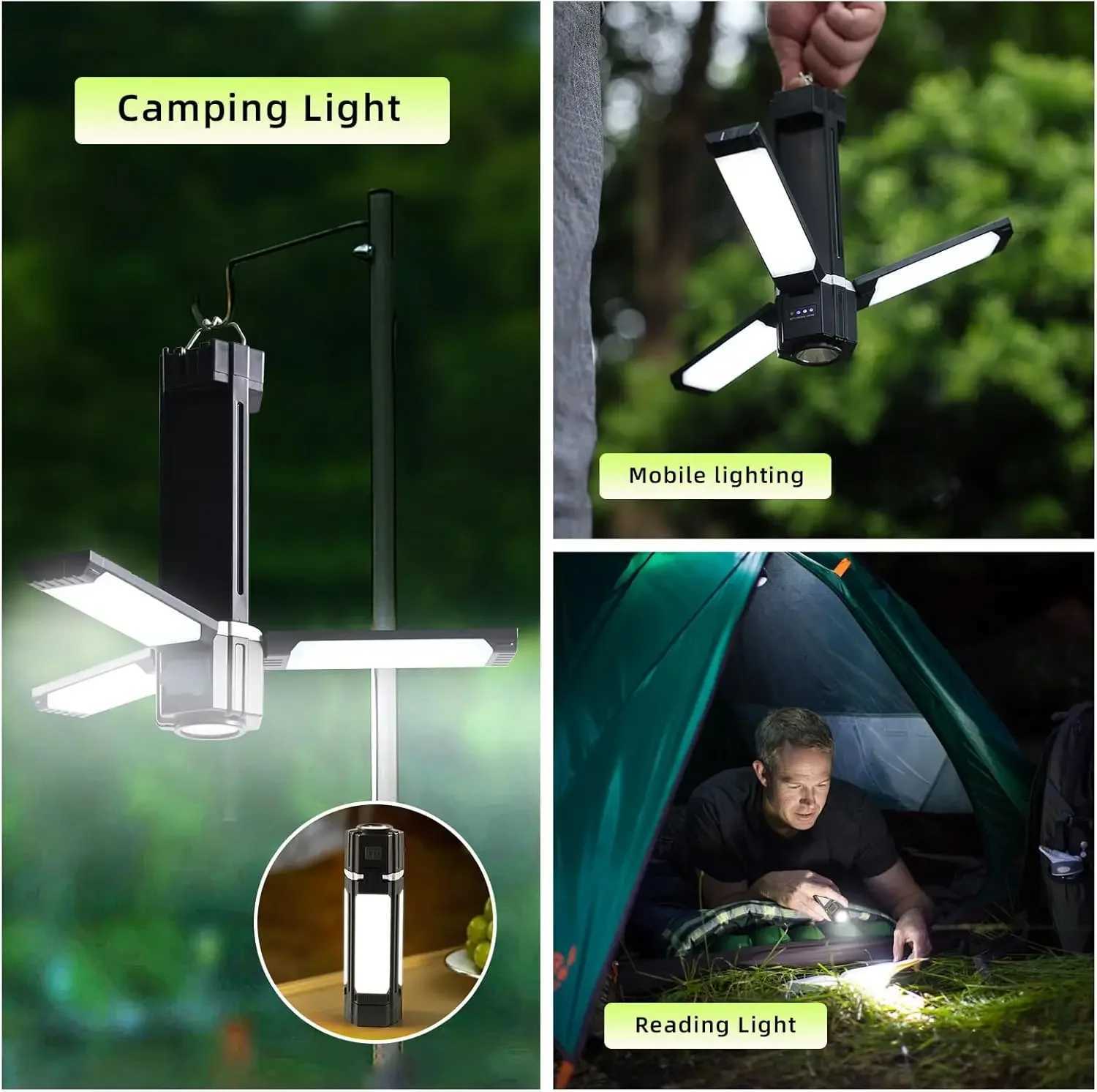 Folding Camping Lamp Rechargeable Tent Hanging Light Travel Lantern Multifunction Table Lamp Reading Lamp Outdoor Emergency Lamp M251201