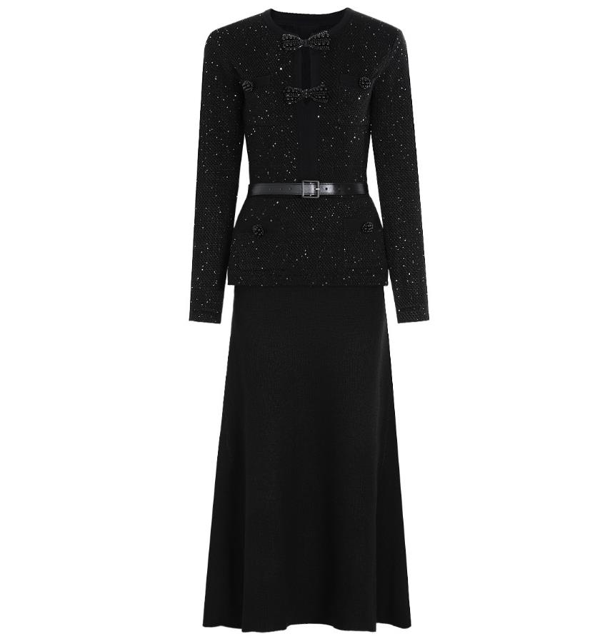 Brand 2026 High-End Custom Thick-Woven Fabric Dress Slim Fit, High Neck, Diamond Buttons, Contrasting Color Frills, Long Sleeves - Black and White C26