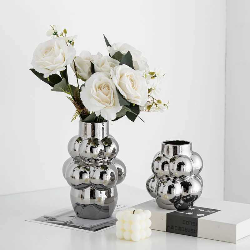 Sliver Bubble Vase Centerpiece Aesthetic Decoration Ceramic Flowerpot Tabletop Wedding Gift Accessories Living Ro as Grass Y251201