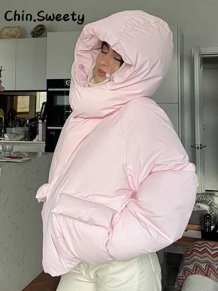 Warm Womens Hooded Cotton Padded Coats Loose Solid Stand Collar Full Sleeve Zipper Pockets Coat 2025 Autumn Winter Lady OutwearT251201