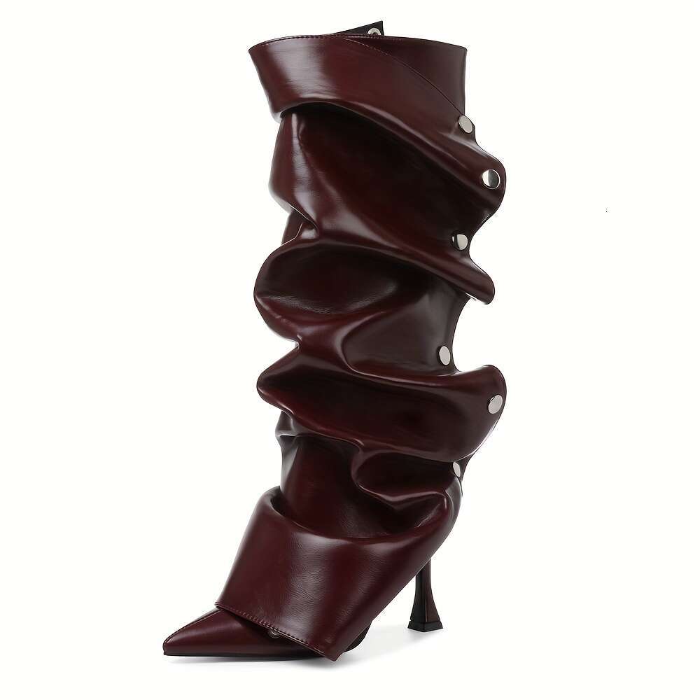 Women Sexy Stiletto Heel Knee High Boots | Ruched Slouchy Design, Pointed Toe, Detachable Zipper Closure, PU Cover Lining Rubber Sole - view 6