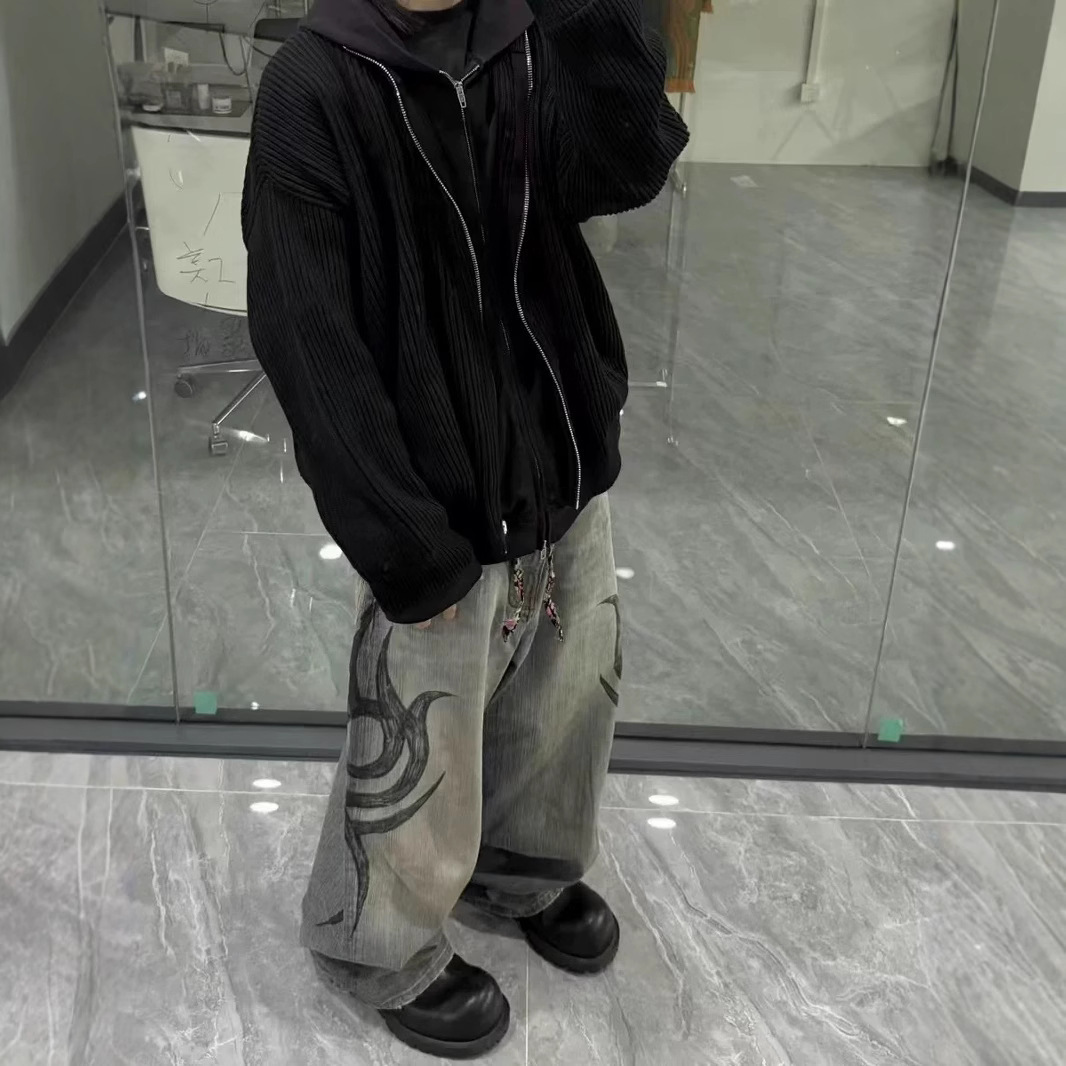 Trendy Harajuku Street Y2K Bone Embroidered Jeans Mens Loose Straight Pants Washed Gray Jeans Mens Summer Hip-hop Trousers 240819