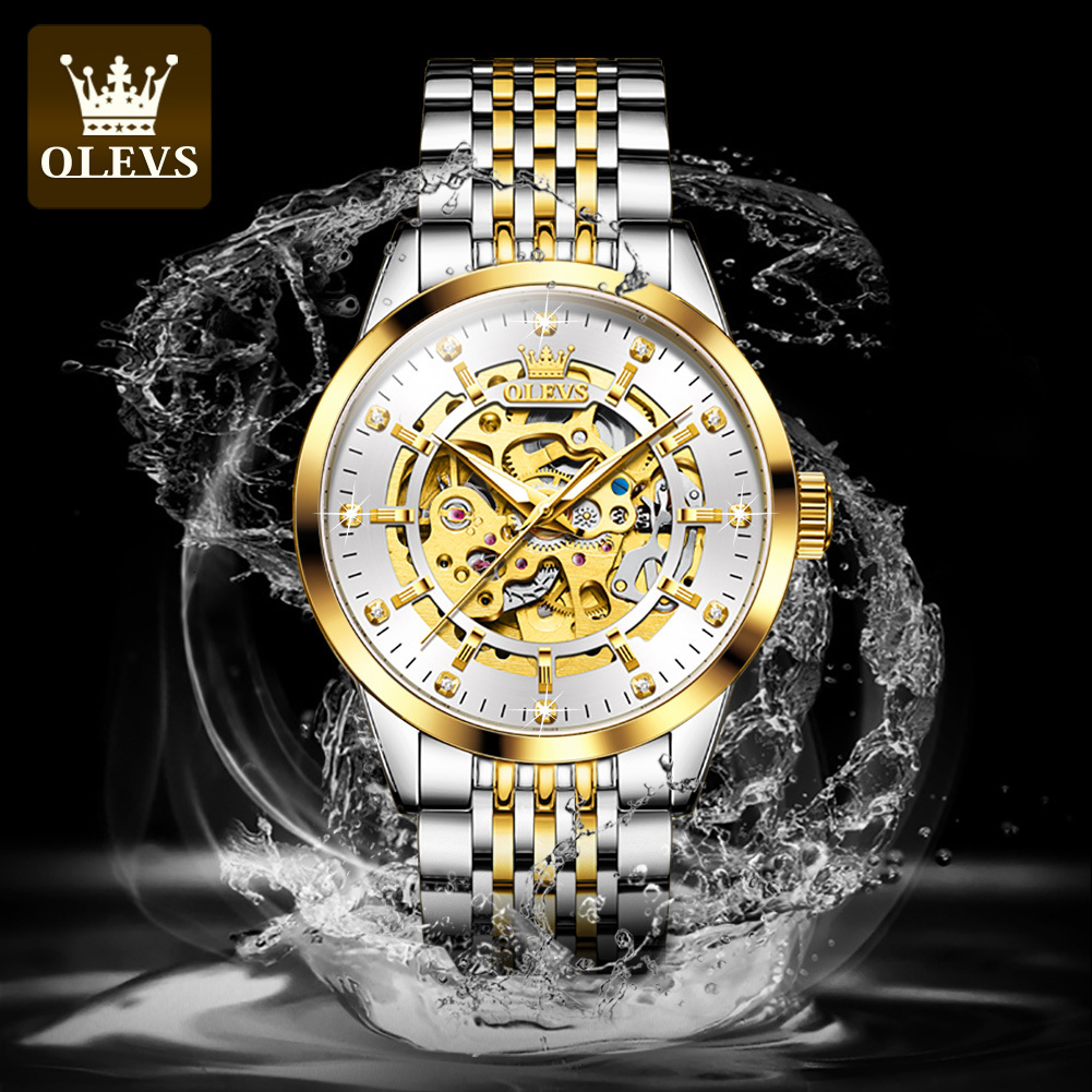 OLEVS Designer Luxury Mechanical Watch Diamond-encrusted Skeleton Large Gold Outdoor Business Luminous Waterproof Men's Watch Free Shipping Whole