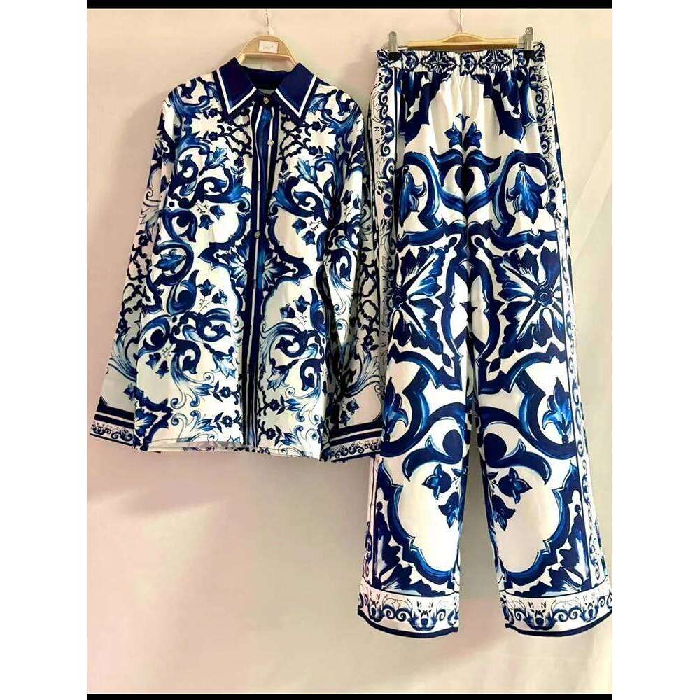 Women's Wear Luxury Printed Loose Long-Sleeved Shirt Spring And Summer Women's Two-Piece Suit+Elastic Waist Straight Pants Casual Suit