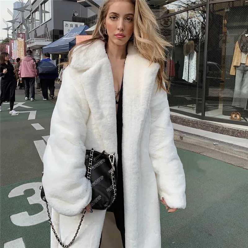 Long Faux Fur Coat Women Long White Fluffy Warm Maxi Coat Hood Lapel Sashes Loose High Waist Jackets 2025 Outerwear JacketT251201