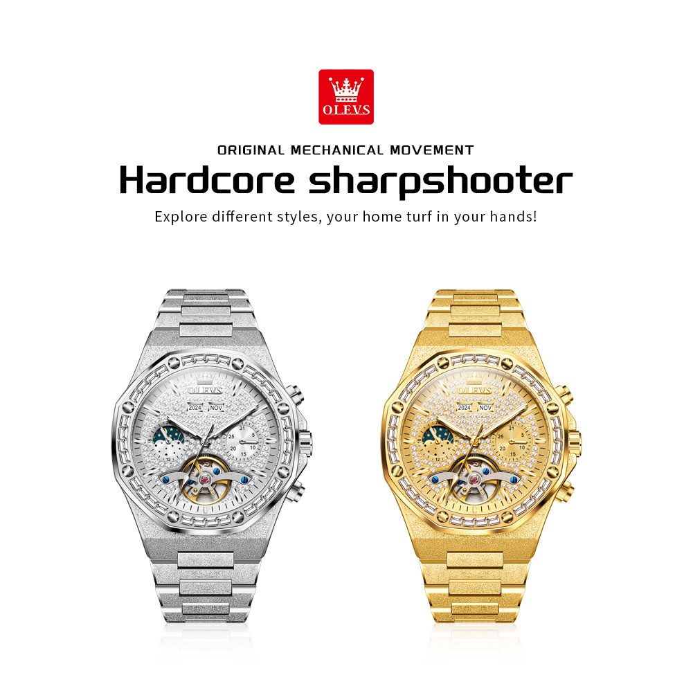 OLEVS Designer Outdoor Men's Business Watch Frosted Steel Band Skeleton Gold Style Mechanical Frame Sports Luxury Multi-functional Mechanical Wat