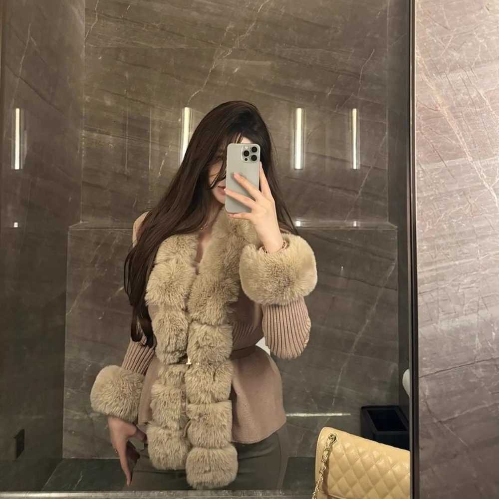 OFTBUY Faux Fur Coat Cardigan Detachable Collar Knitwear Woman Fur Jacket Artificial Fur Patchwork Knit Sweater Autumn CardiganT251201