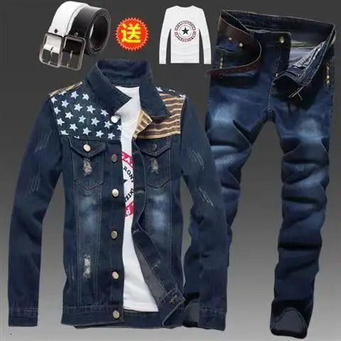 Mens Slim Fit Denim Jacket Pants 2pcs Set Long Sleeve Coats Letters Printed Casual Large Size Black White Red Boys Trousers251129