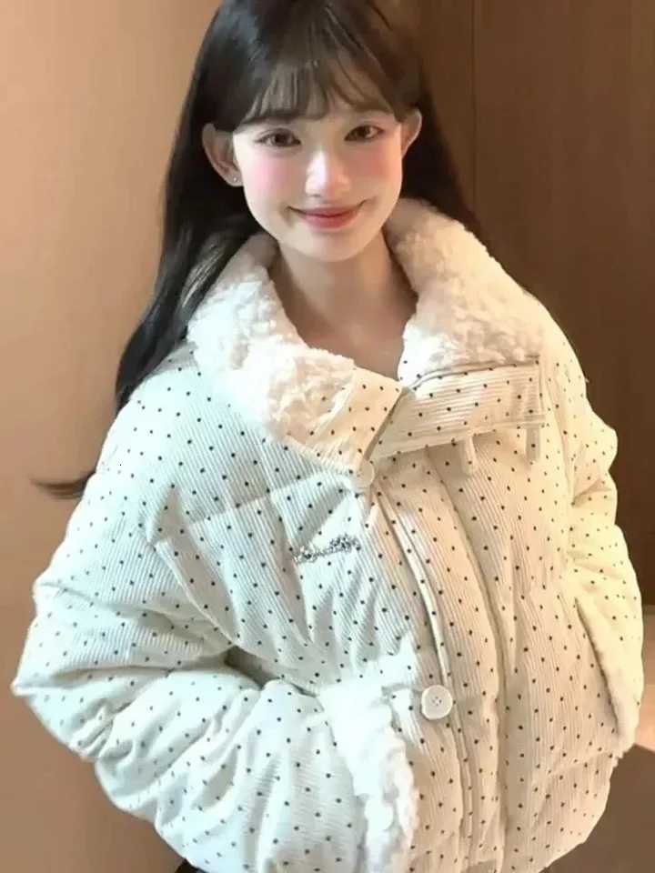 Sweet Polka Dot Parkas Women Winter Loose Casual Thicken Button Patchwork Puffy Coats Korean Fashion Fur Collar Female OutwearT251201