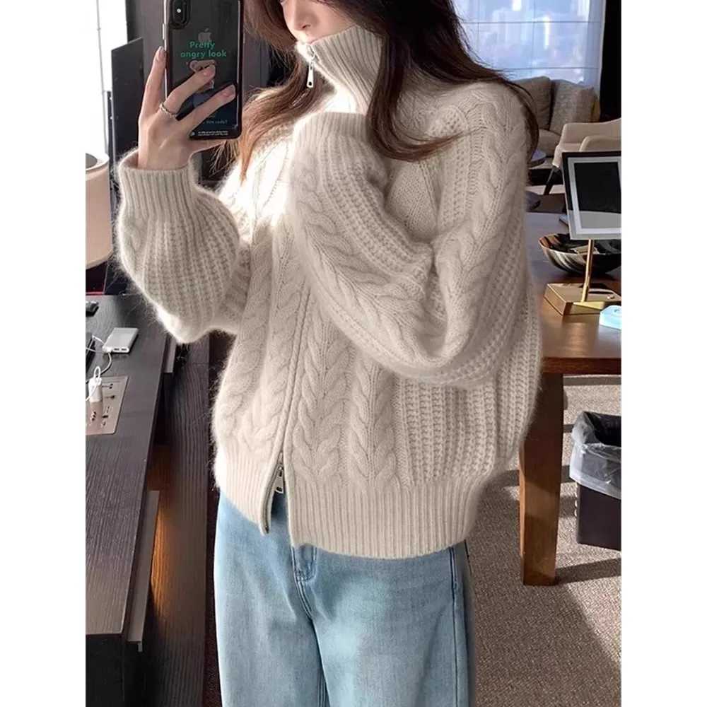 European high-neck zipper cashmere cardigan womens autumn winter thickened sweater wool knitted sweater twist coat lapel top M260306