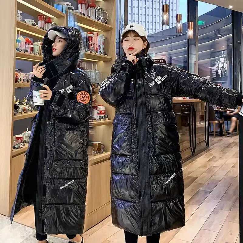 Black Glossy Parker Female Warm Winter Thicken Down cotton Jacket Windproof Rainproof Womens Hooded Coat Casual Long OvercoatT251201