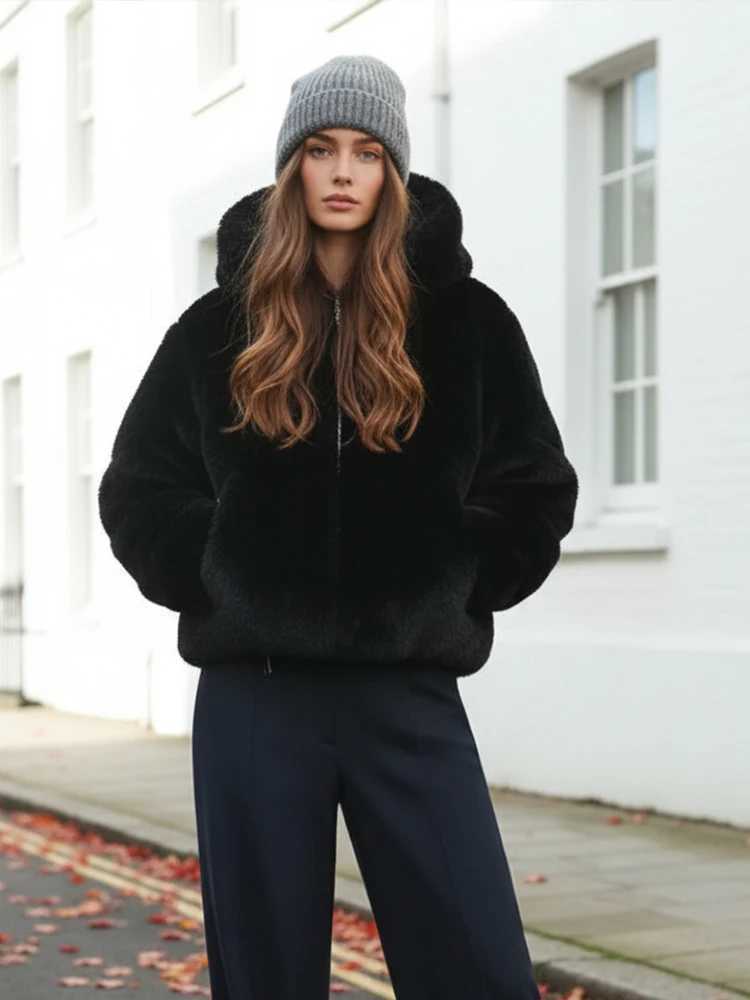 chic Fluffy Hooded Short Faux Fur Coat Women Casual Solid Full Sleeve Zipper Pocket Loose Warm Jacket Lady Winter Commute CoatsT251201