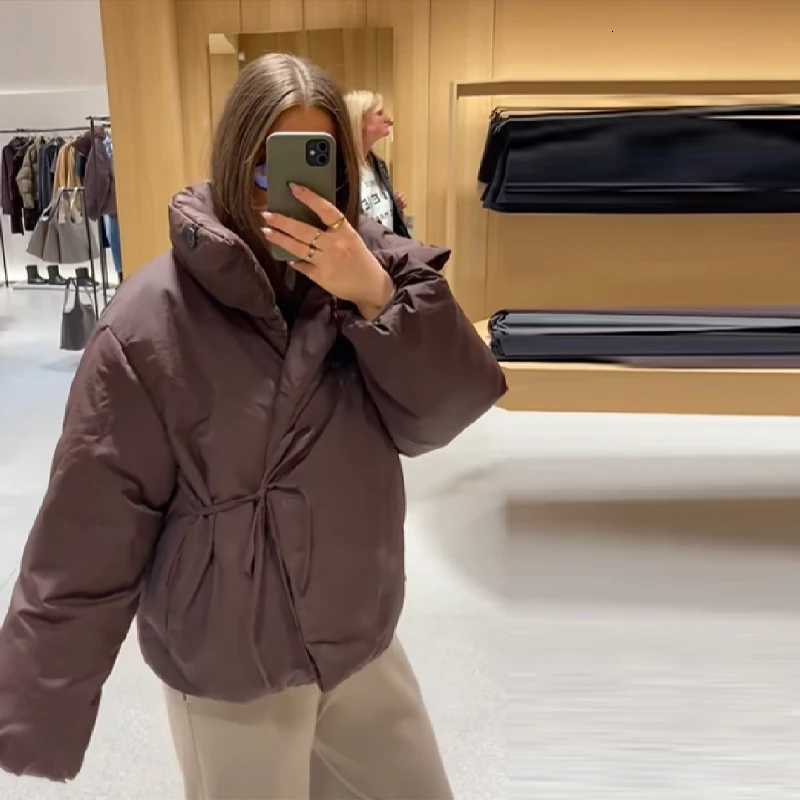 Winter Warm Puffy Womens Down Jacket Thicken High Collar Lace Up Cotton Padded Coats Single Breasted Outwear 2025 New Lady CoatT251201