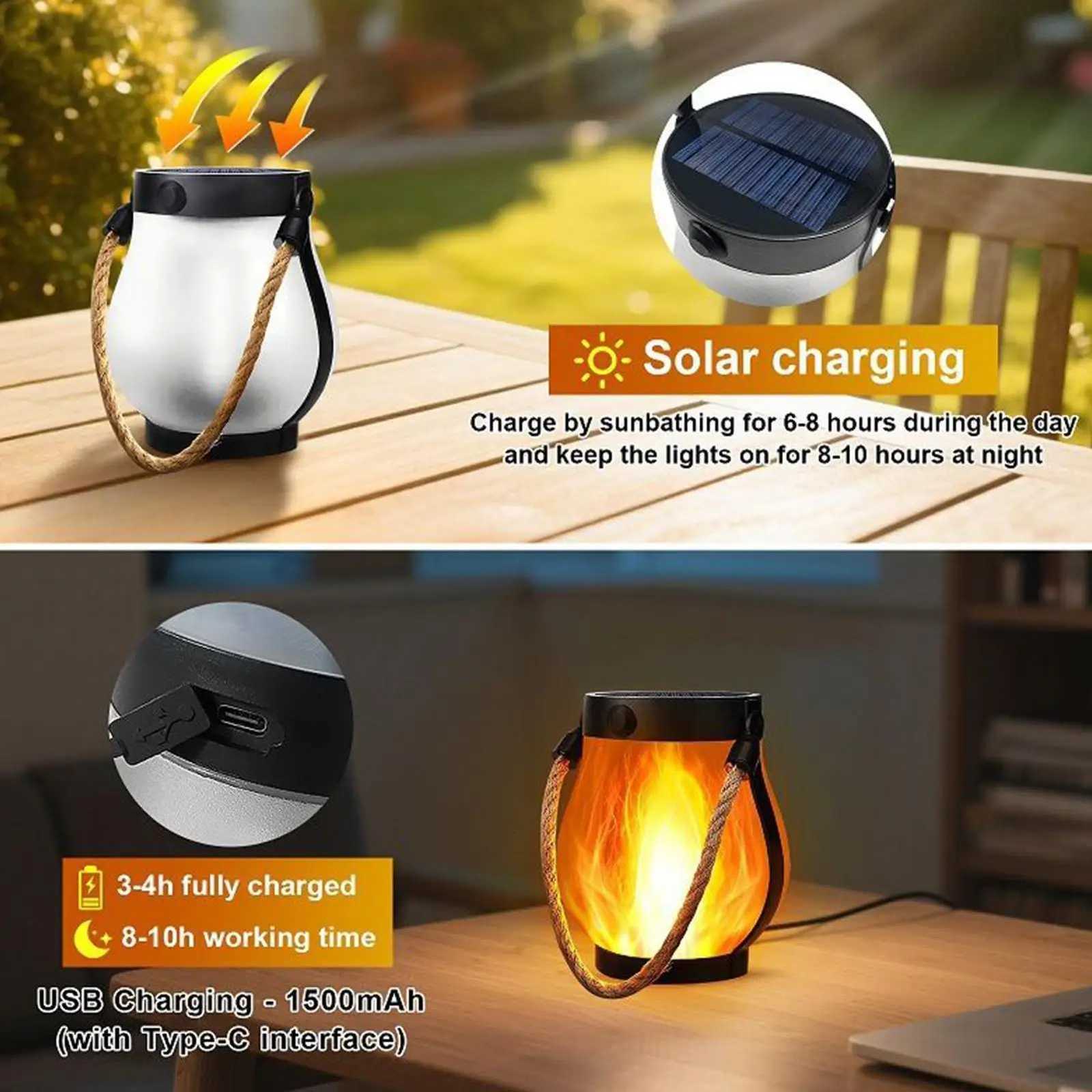2/4x Solar Lamp Outdoor Camping Flame Lamp Rechargeable Hanging Courtyard Decoration Garden Lantern Lighting Lamp With Hemprope M251201