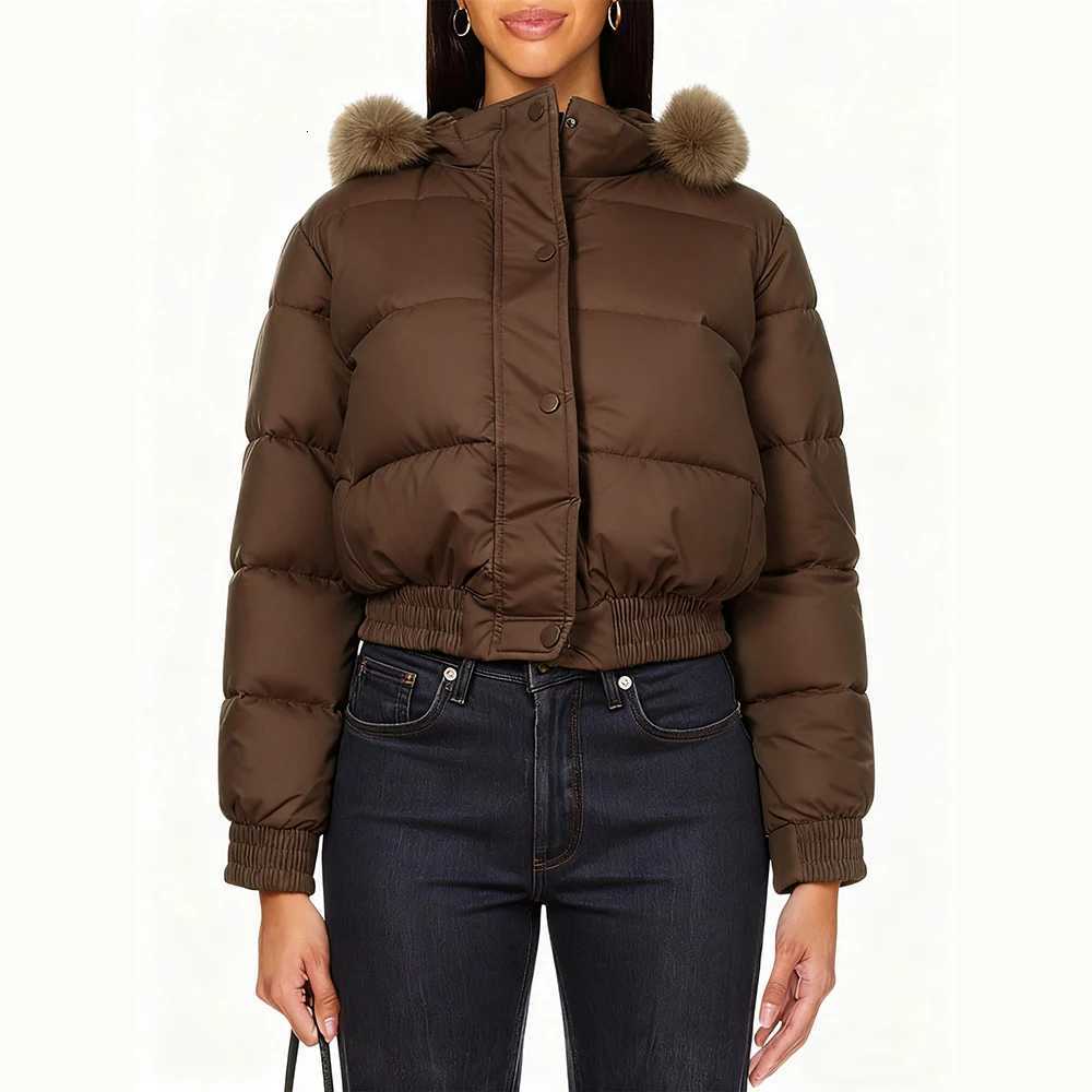 Womens Down Jacket with Faux Fur Pom-Pom Hood Solid Color Crop Style for Winter Casual Warm Daily Wear Cotton-Padded CoatT251201