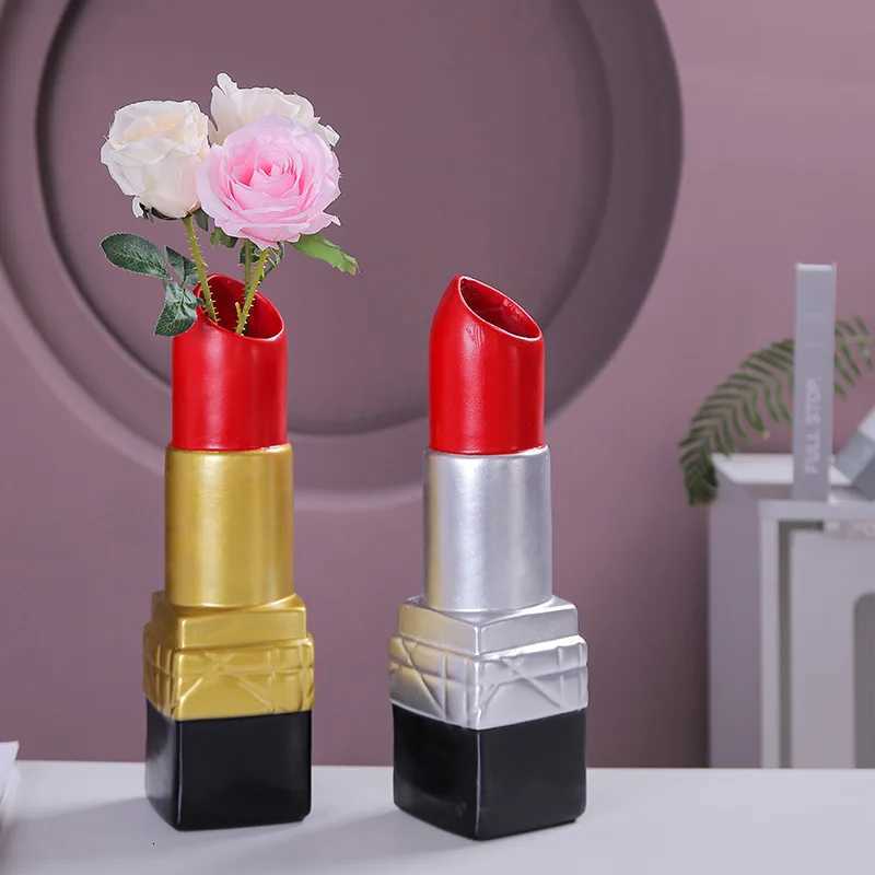 Resin Vase Lipstick Shape Cartoon Ornament Floral Arrangement Accessories Lipstick Vase Terrarium Ro Decoration Accessories Y251201