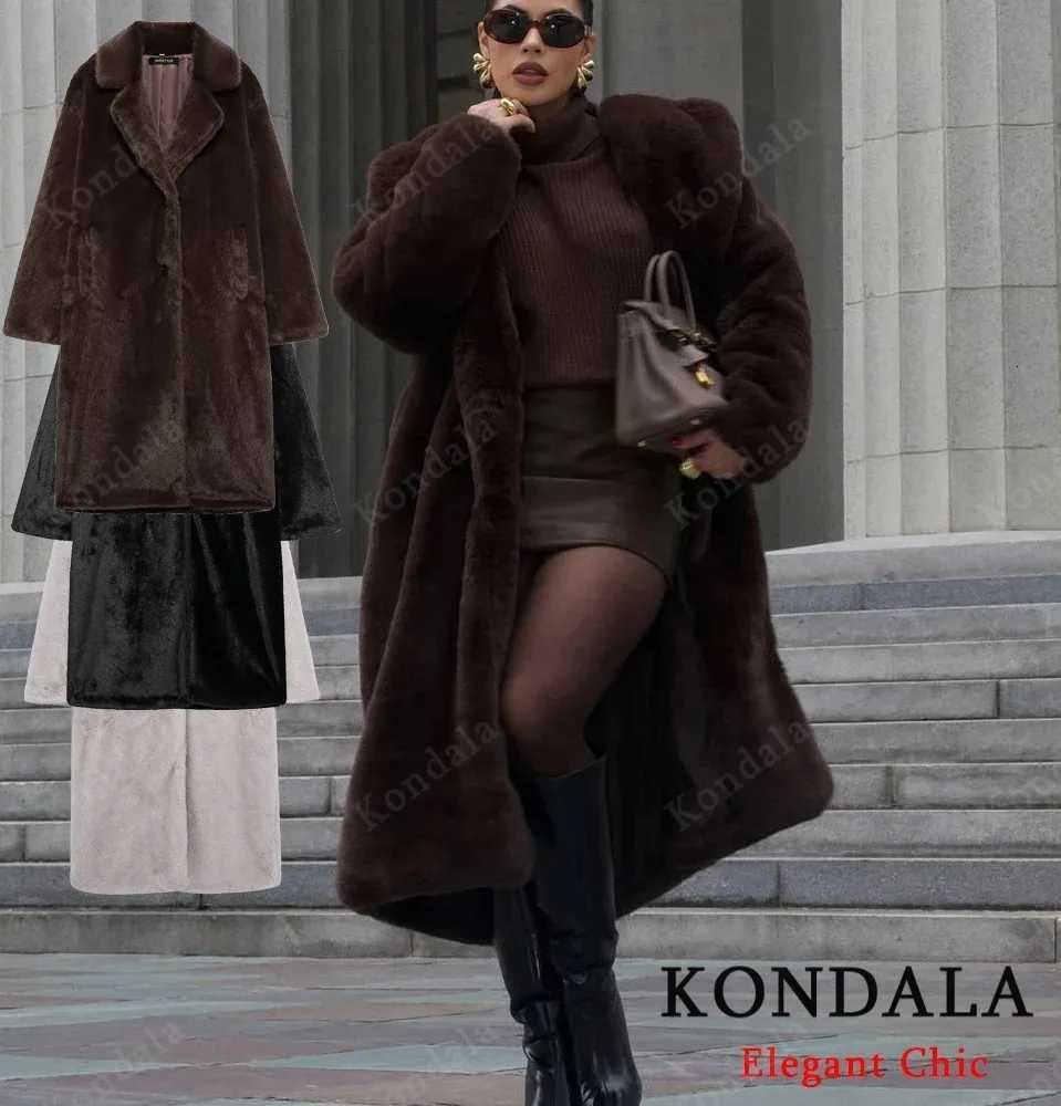 KONDALA Womens Fall Winter Faux Fur Long Coat Vintage Lapel Buttons Loose Coat New 2025 Fashion Casual High Street Warm CoatT251201