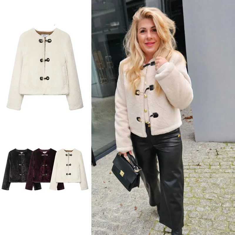 Women Fashion Winter Fur Coat Solid Beige Long Sleeves Horn Buckle Loose Jackets Female Casual Vintage High Street Outerwear TopT251201