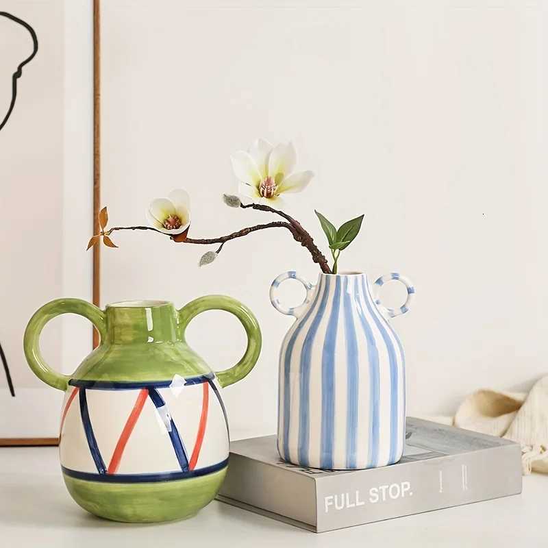Hand-Painted Ceramic Vase with Dual Handles - Striped Cylinder Design for Living Ro Decor Earthenware Decorative Ornaments Y251201