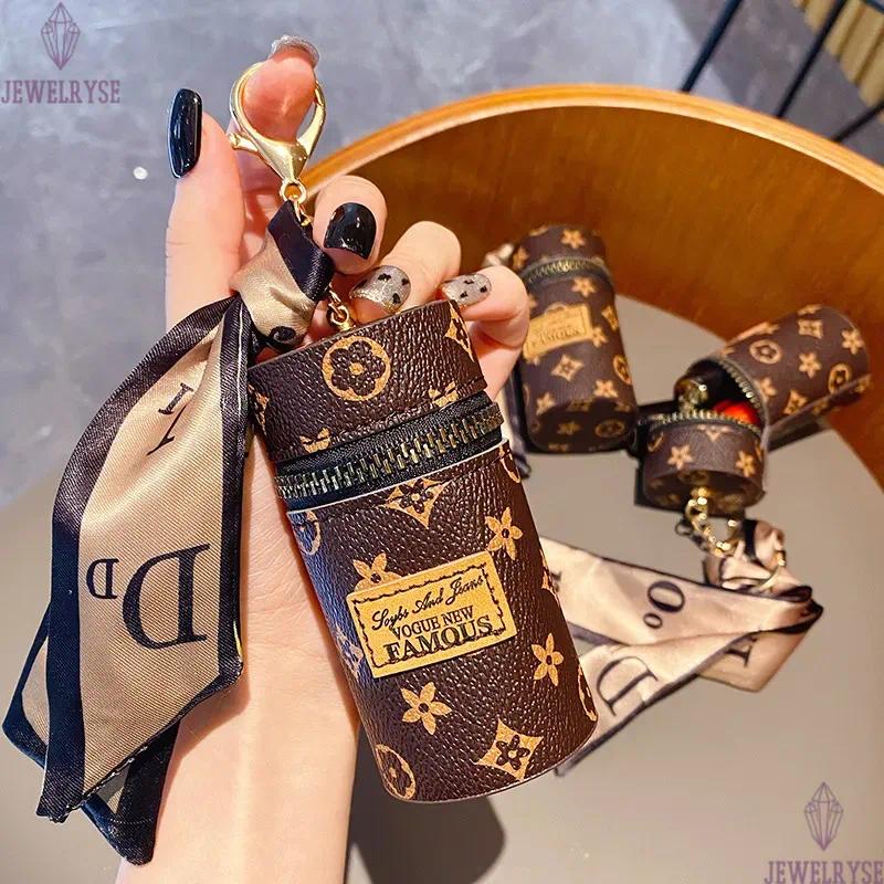 Designer Letter Key Rings Silk Scarf Lipstick Keychains Fashion PU Leather Purse Pendant Car Keyring Chain Charm Brown Flower Mini Bag Trinket Gift fo
