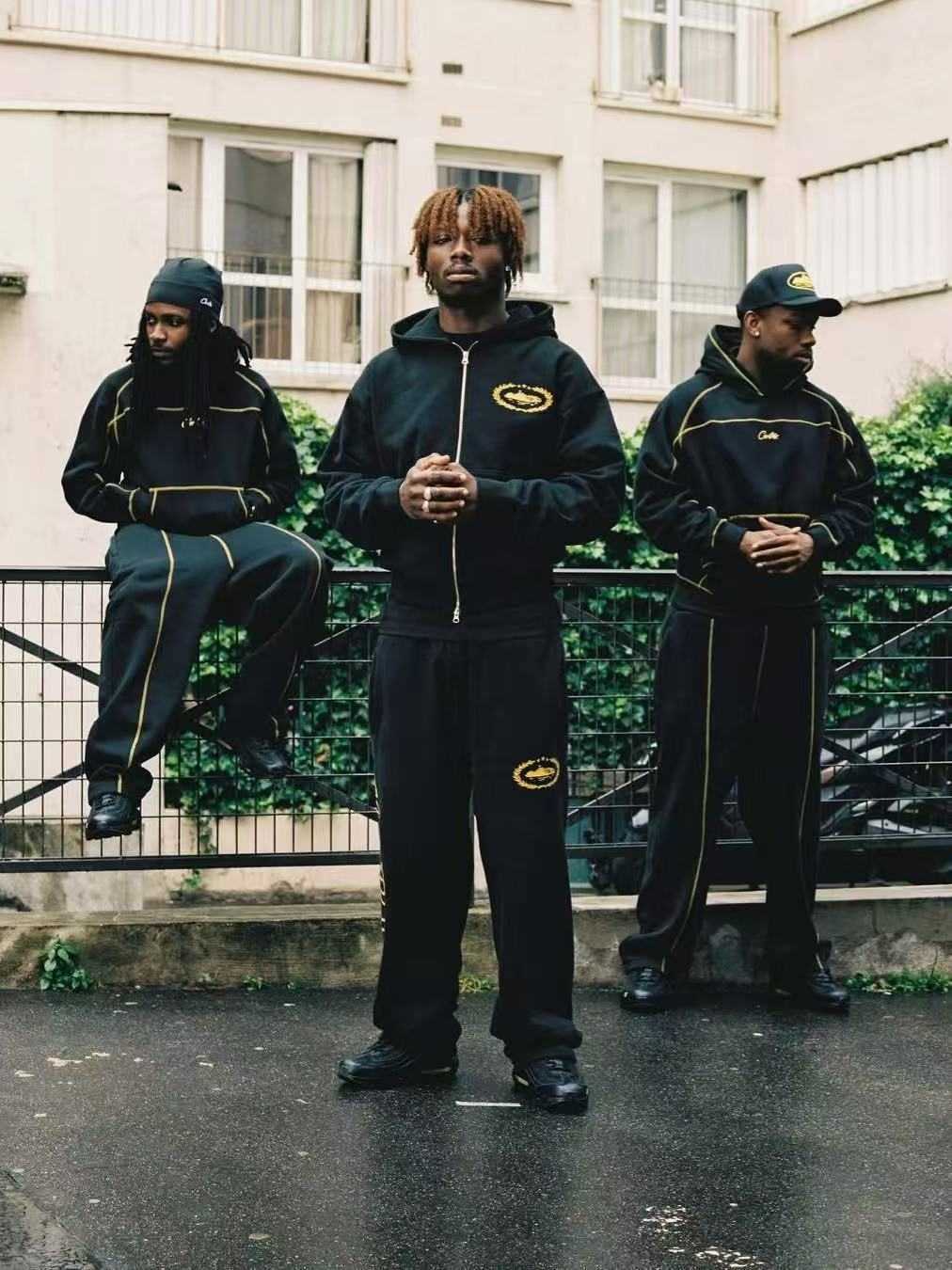 Hip-hop street dance hoodie with cap sleeve and waistcoat for men, knitted pullover pants, sports outfit L251201