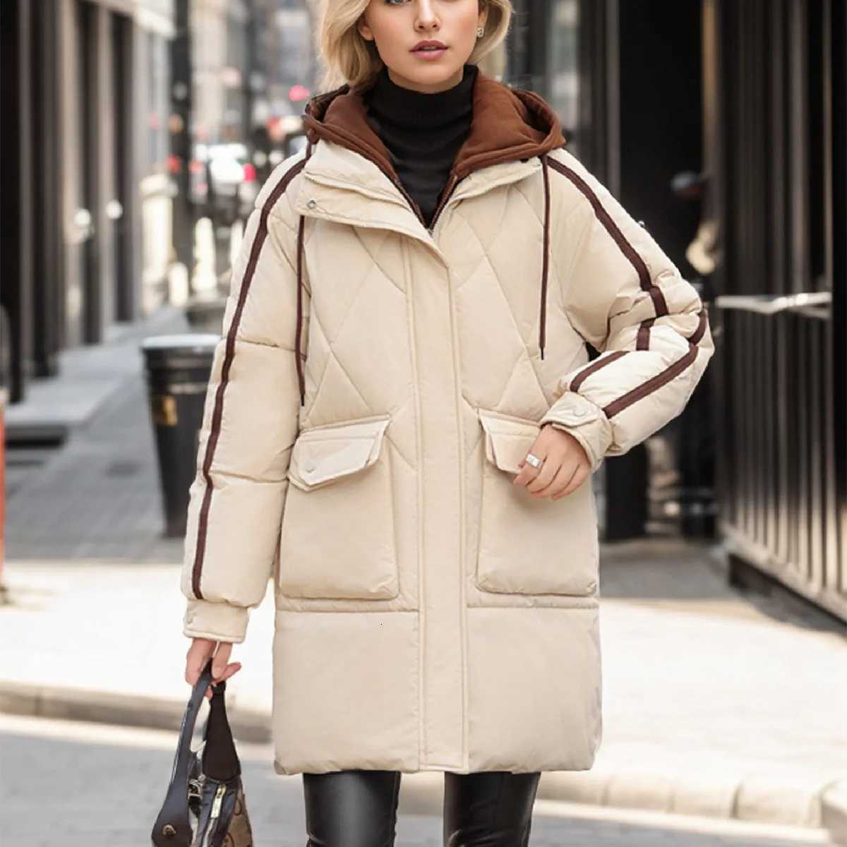 Winter Coats Woman 2025Womens Cotton Jacket Hooded Contrast Thicken Warm Parkas Coats Female 2 Pocket Casual Padded JacketT251201