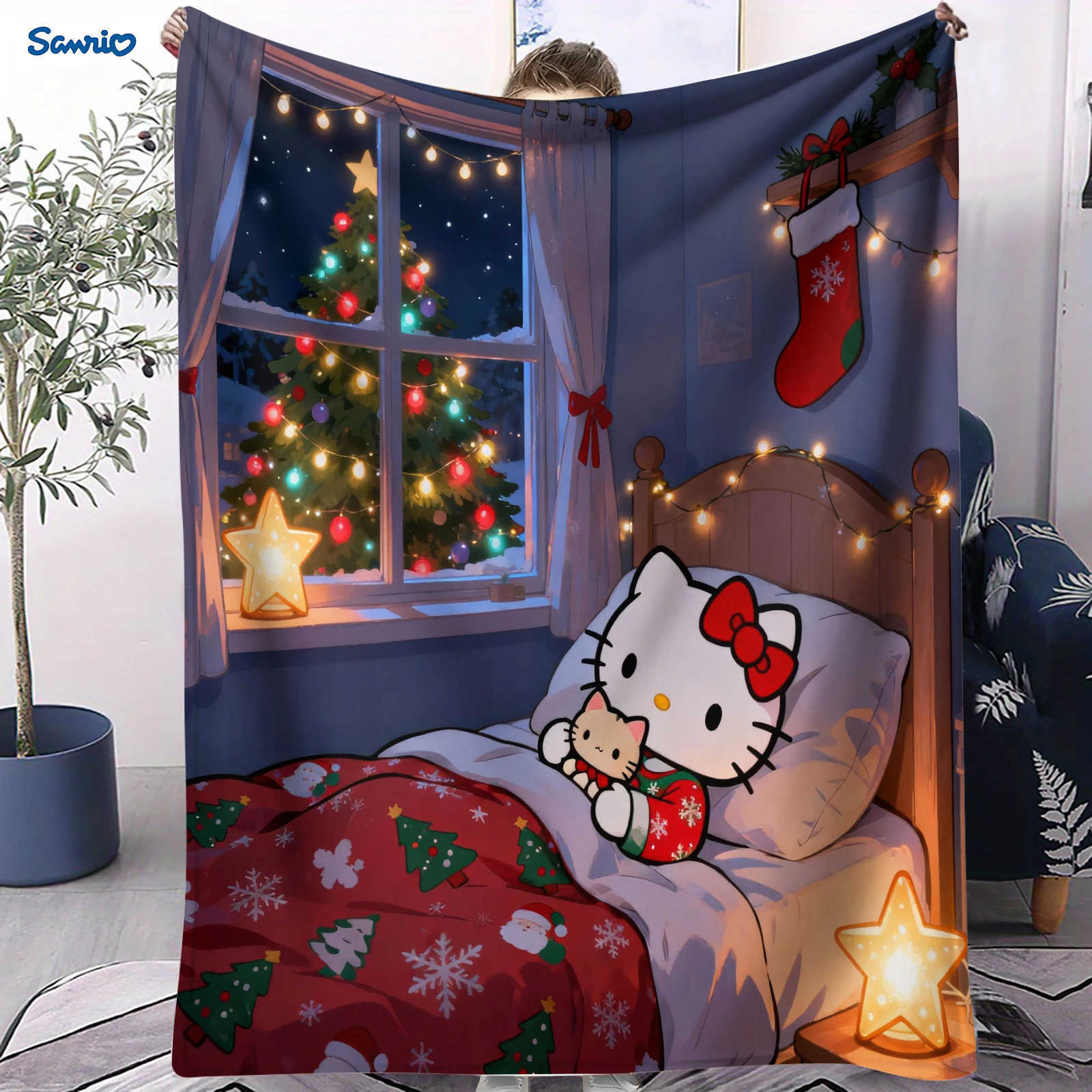 Sanrio Cute Hello Kittys Christmas Printed Blanket Fluffy Soft Flannel Sofa Kid Blanket Home Lunch Break Blanket Holiday Gifts H251201