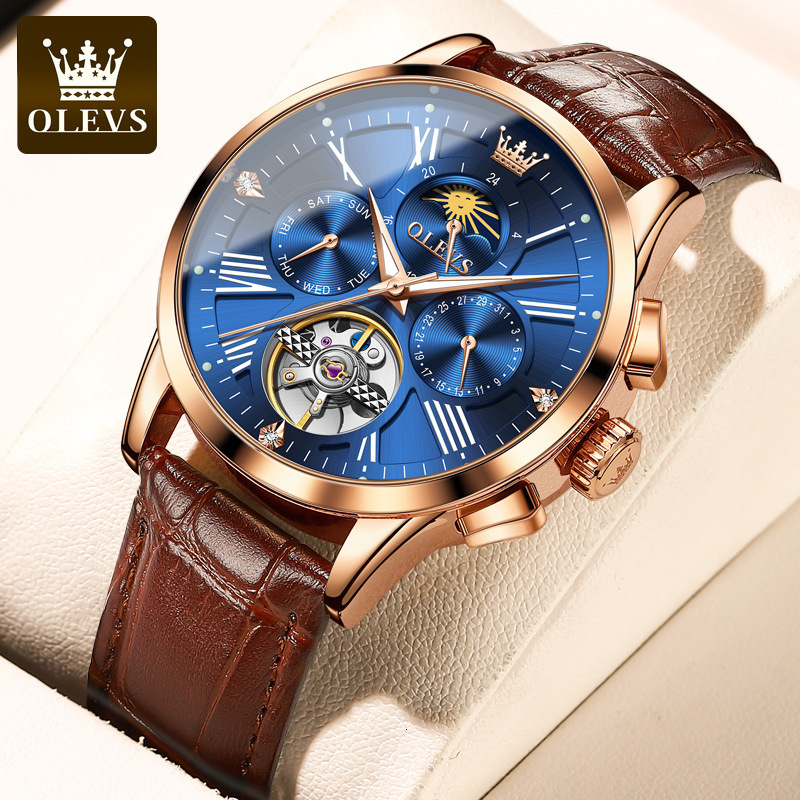 Watches Men Designer OLEVS Trend Waterproof Multi-functional Mechanical Watch Sun And Moon Skeletonized Luminous Skeleton Men's Wristwatch Free S