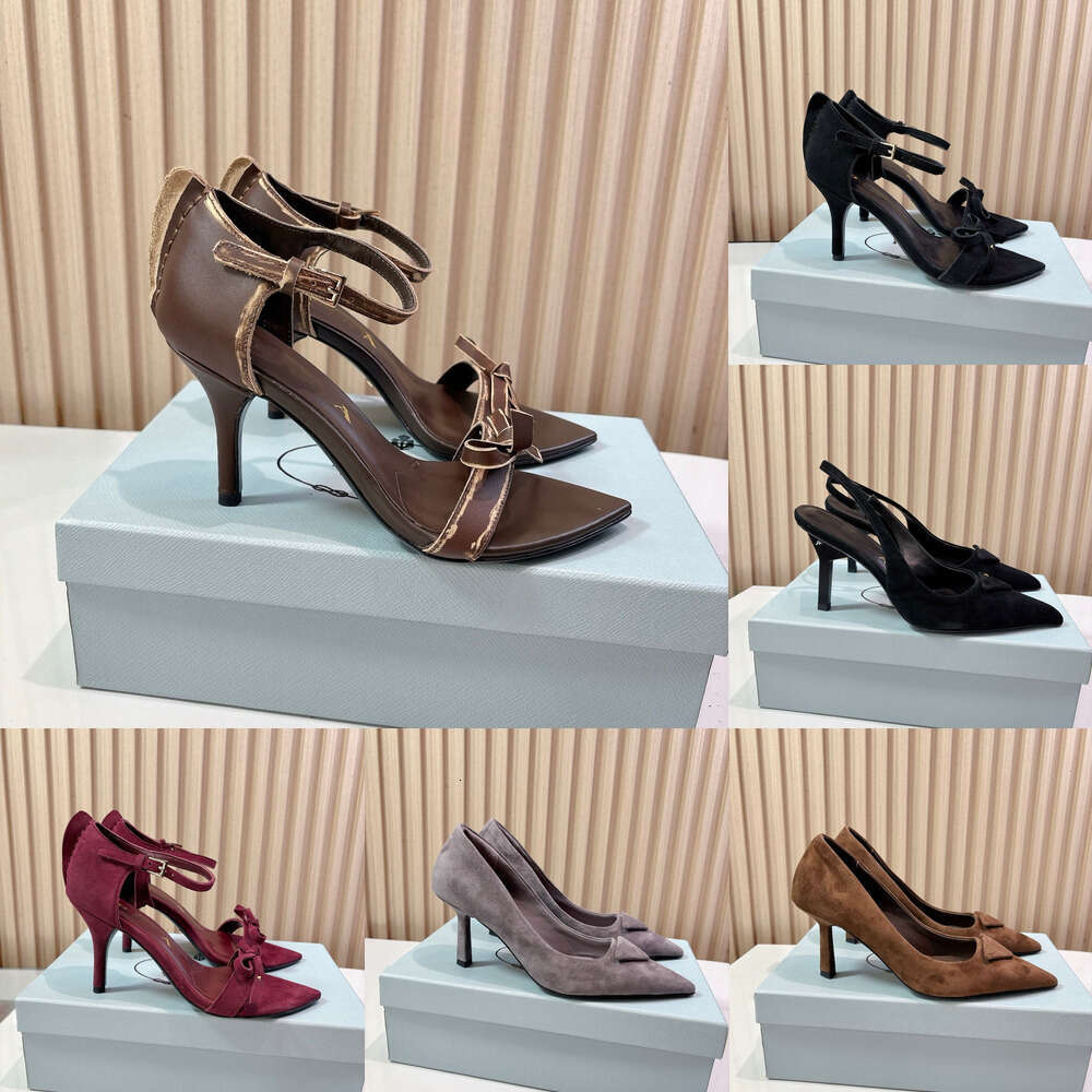 Luxury prom Sexy dress slingback open toed Stiletto sandal designer woman shoe Black brown bow Suede leather Beach Bridal wed pumps scarpin Womans High heel sandals